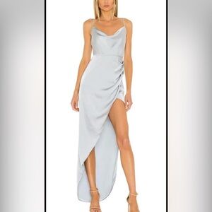 NBD Silver Asymmetrical Ruched Slip Dress